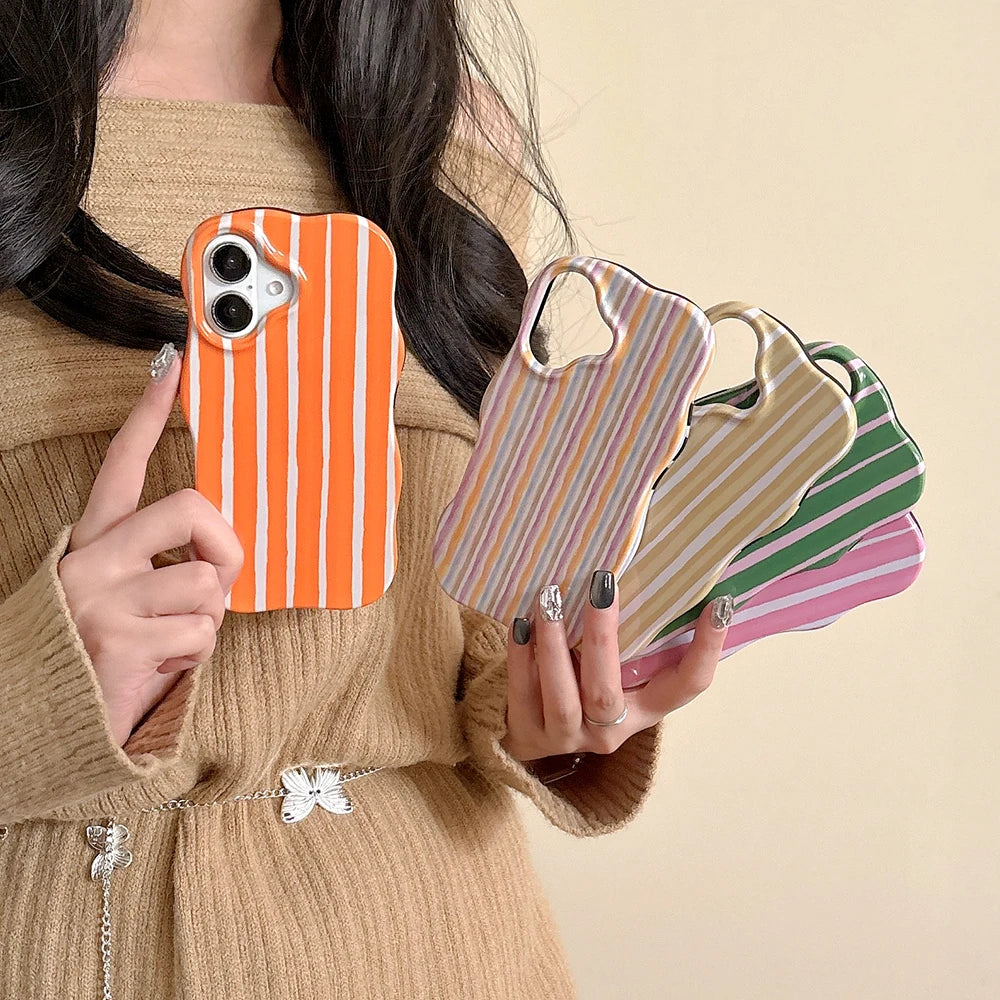 Luxury 2 in 1 Glossy Double Color Wave Stripes Case for IPhone 13 14 15 16 17 Pro Max 17Air Hit Color Collision Shockproof Cover - Ice Cream Cake