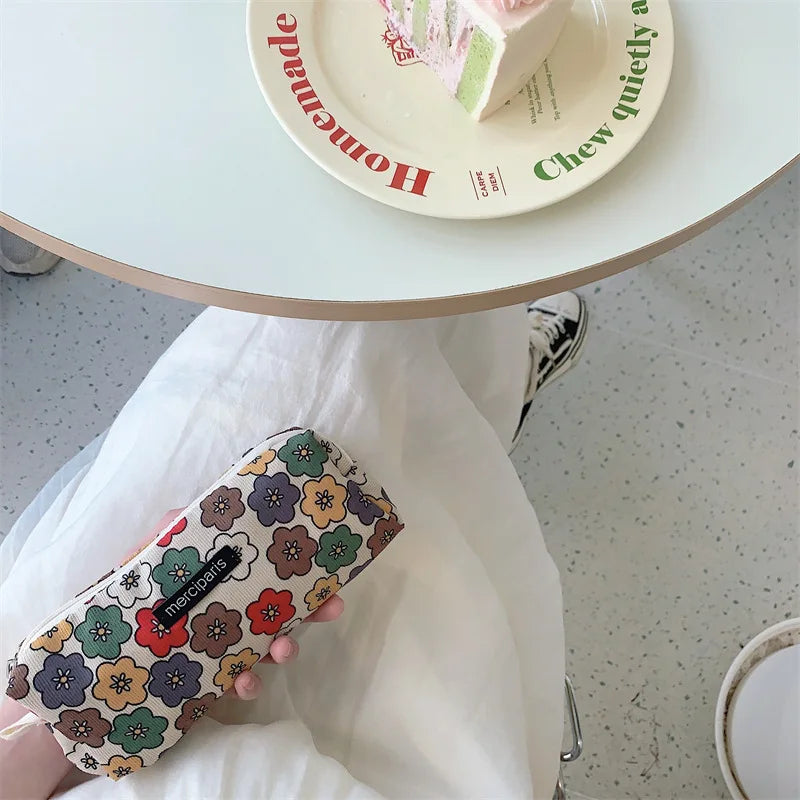 Corduroy Floral Travel Cosmetic Lipstick Purse Storage Bag Kawaii Women Makeup Handbags Organizer Wallet Pouch Pencil Case Bags - Ice Cream Cake