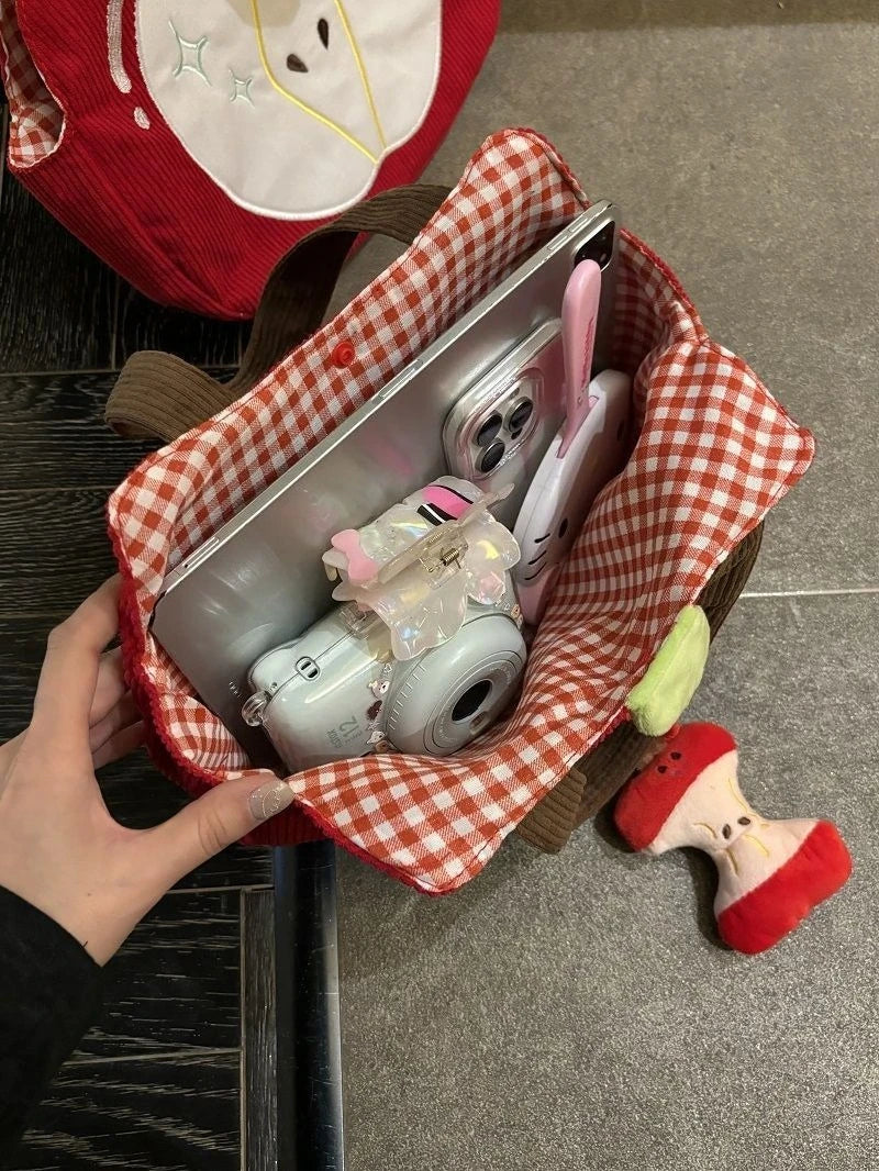 Red Apple Handbag Creative Cute Corduroy Shoulder Bag Stylish Outing Canvas Bag With Apple Pendant Casual Versatile Shoulder Bag - Ice Cream Cake