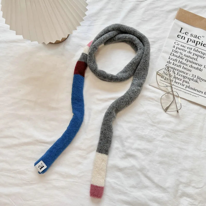 Wool Striped Plush Scarf Women's Niche Design Sense Spice Girl Versatile Decoration Korean Version Thin and Narrow Long Scarf - Ice Cream Cake