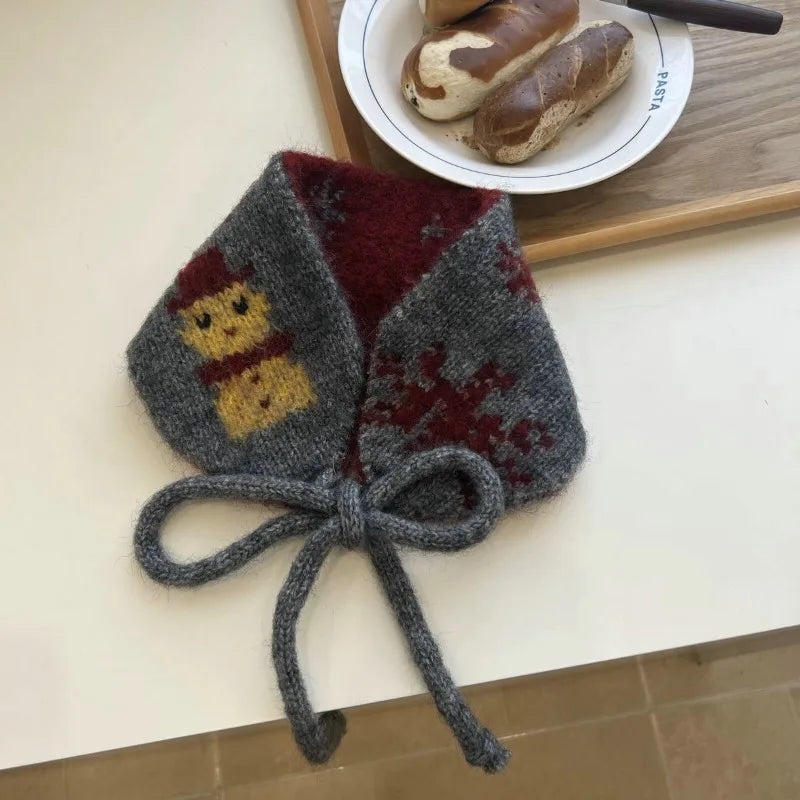 Intarsia Knit Snowman Bonnet Earmuff Scarf