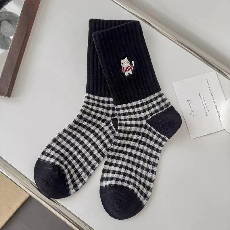 4 Pairs Cute Cartoon Cat Embroidery Socks Women's Casual Fashion Checkered Mid Calf Socks Korean Style Cute Girls Sock - Ice Cream Cake
