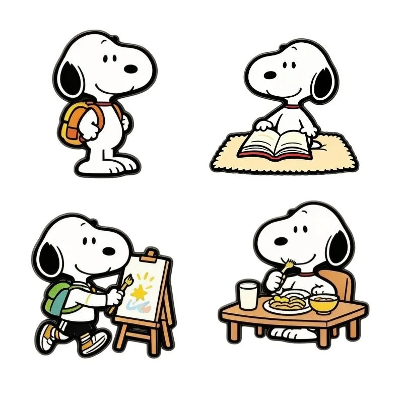 Four cartoon panels of Snoopy in different activities: standing with a backpack, reading a book, painting at an easel, and eating breakfast at a table, shown on a plain white background.