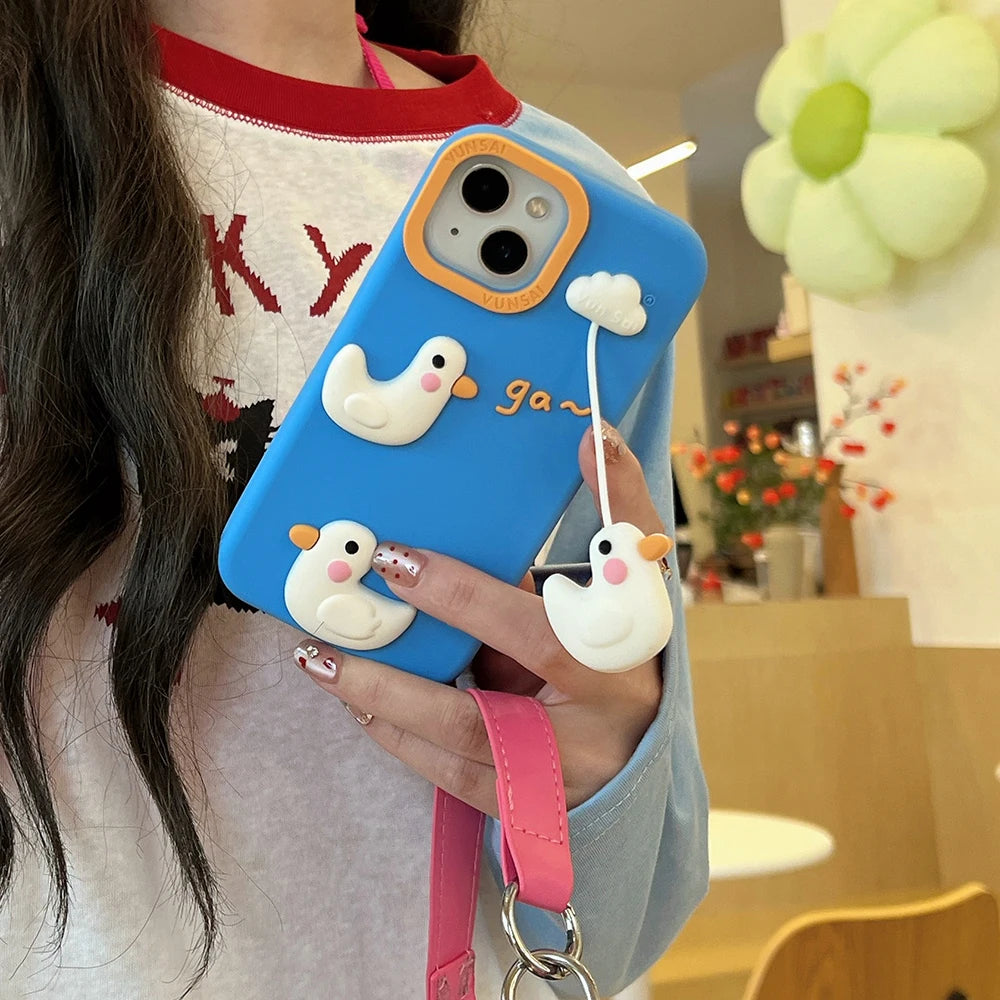 Cute 3D Duck Pendant Shockproof Cover Cartoon Shatter Silicone Soft Phone Case For iPhone 17 16 15 14 13 12 Pro Max - Ice Cream Cake