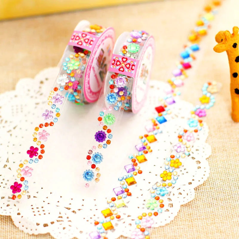 Decorative tape with colorful embellishments on a lace background