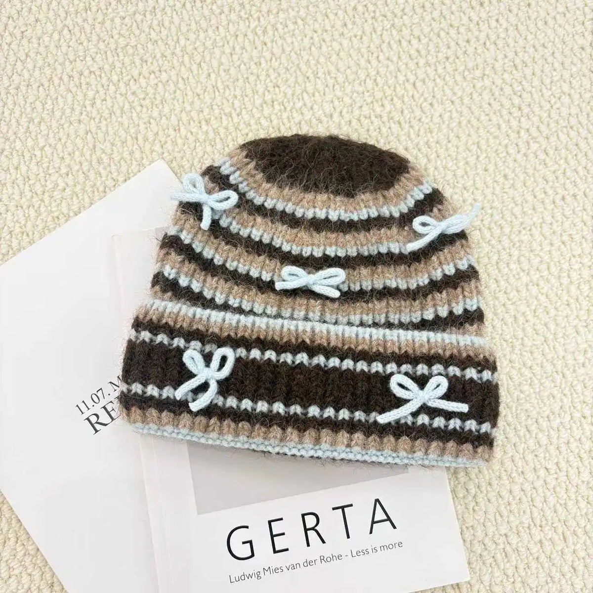 Bow Detail Striped Knit Beanie