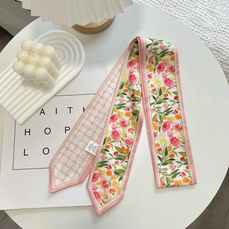 High-Grade Flower Print Long Silk Scarf Hair Band Ribbon Tied-up Hair Long Bow Vintage Satin Ribbon Hair Accessories For Women - Ice Cream Cake