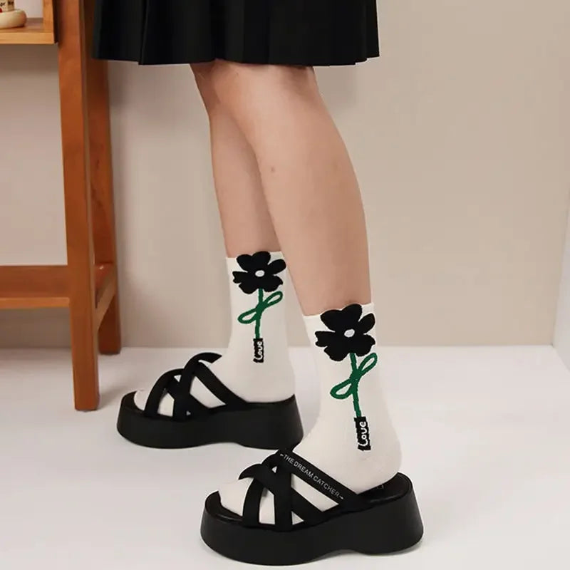 Women Socks Japanese Korean Style Cartoon Flower Rabbit Harajuku Cute Kawaii Mid Tube Breathable Casual Short Cotton Socks - Ice Cream Cake