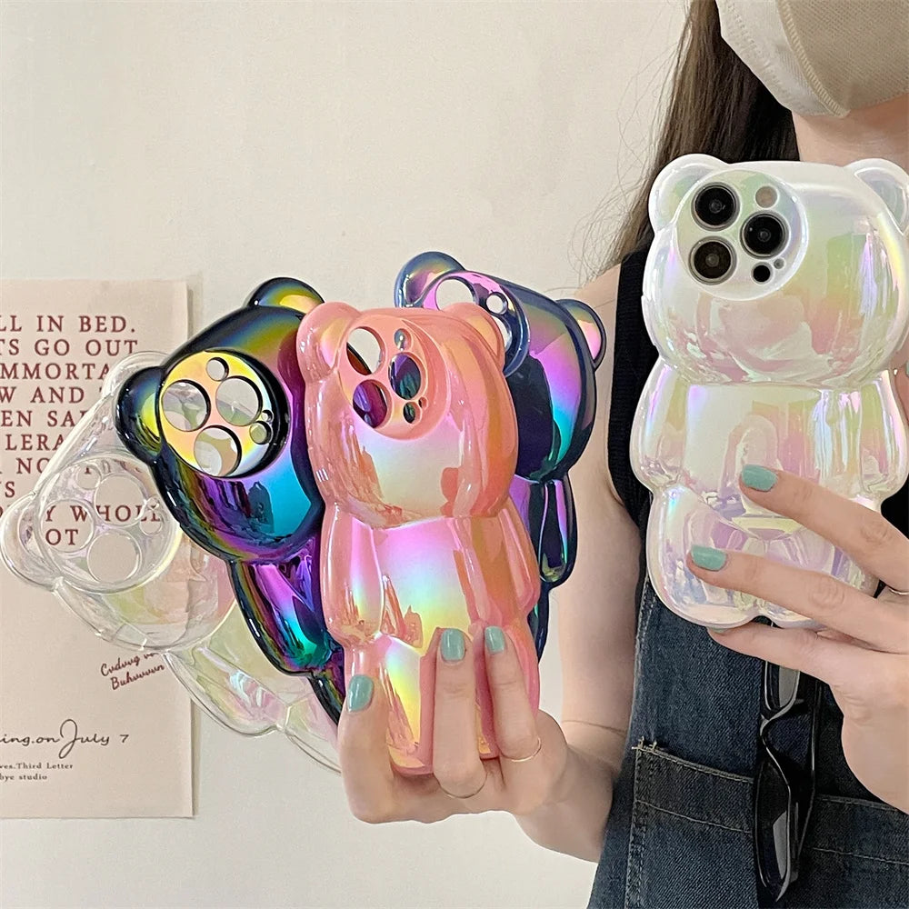 Ins Cute 3D Aurora Cartoon Bear Case For iPhone 11 13 12 14 15 16 17 Pro Max Plus Air Colorful Laser Rainbow Gradient Soft Cover - Ice Cream Cake