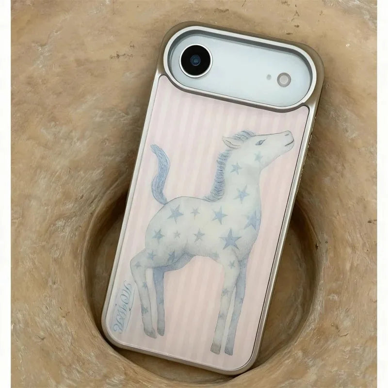Luxury INS Cute Star Pony Phone Case for IPhone 17 17e 16e 16 15 14 13 12 11 Air Pro Max X XR Plus Electroplated Drip Glue Cover - Ice Cream Cake
