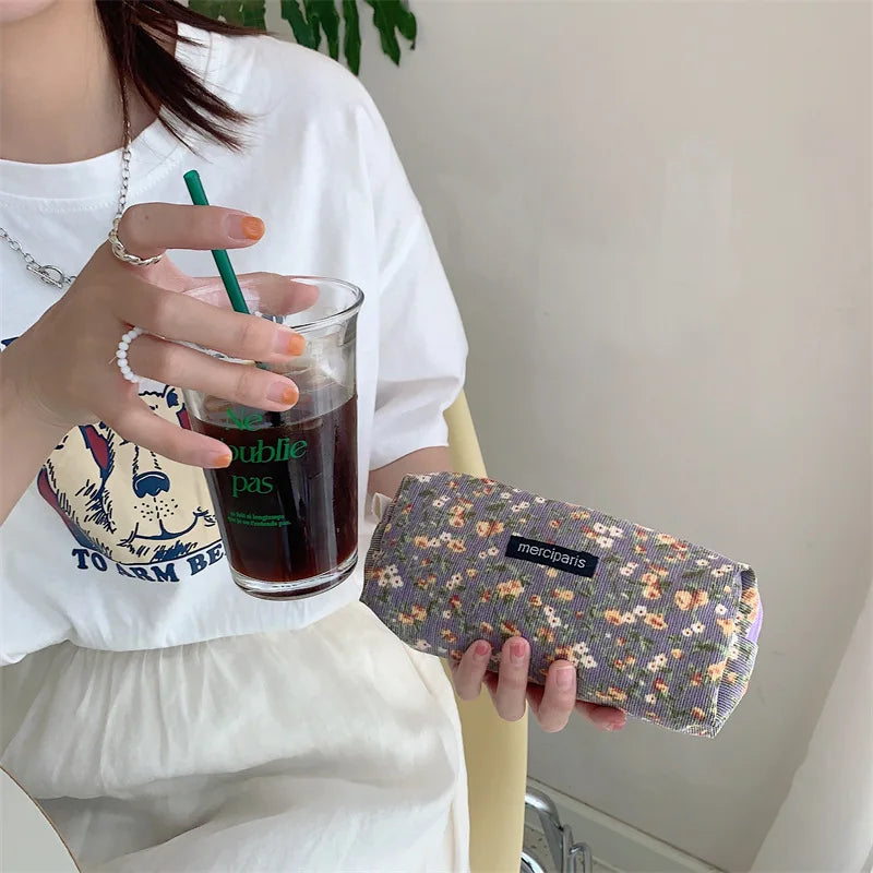 Corduroy Floral Travel Cosmetic Lipstick Purse Storage Bag Kawaii Women Makeup Handbags Organizer Wallet Pouch Pencil Case Bags - Ice Cream Cake