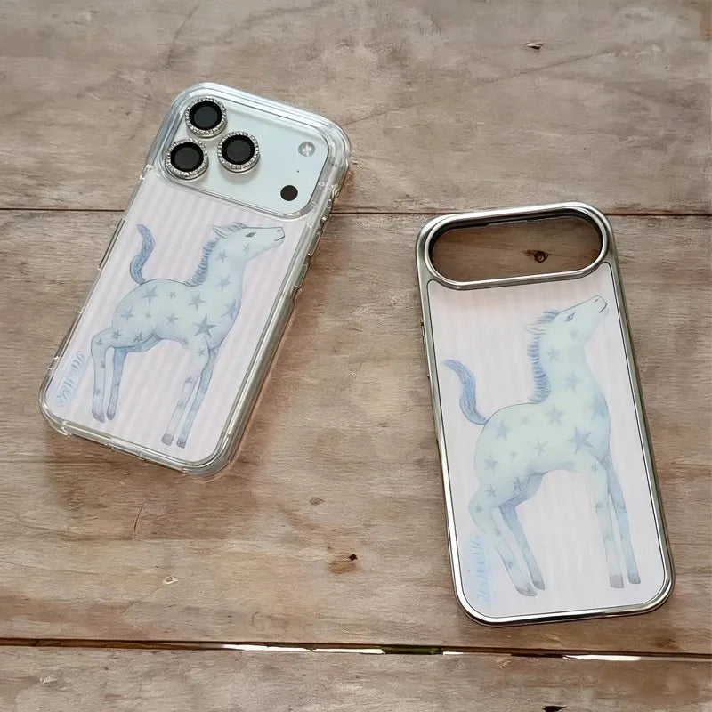 Luxury INS Cute Star Pony Phone Case for IPhone 17 17e 16e 16 15 14 13 12 11 Air Pro Max X XR Plus Electroplated Drip Glue Cover - Ice Cream Cake