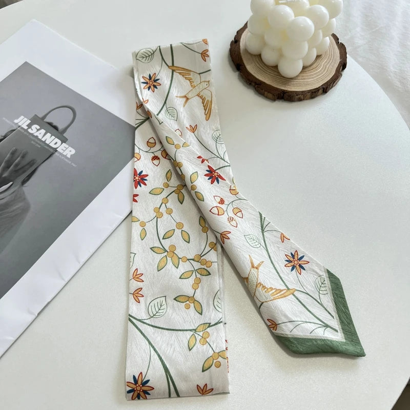 New Long Bag Scarf Women Hair Band Lady Accessories Print Skinny Scarves Headband Satin Ribbon Neck Tie Decorative Bag Scarves - Ice Cream Cake