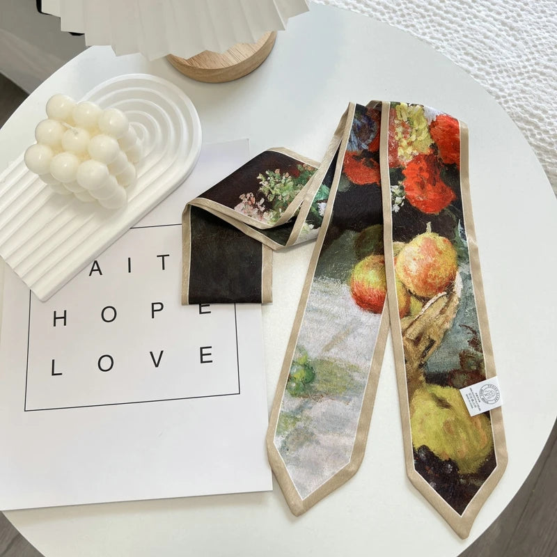 High-Grade Flower Print Long Silk Scarf Hair Band Ribbon Tied-up Hair Long Bow Vintage Satin Ribbon Hair Accessories For Women - Ice Cream Cake