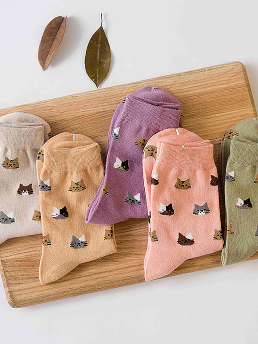 5 Pairs Cat Print Socks, Cute & Comfy All-match Mid Tube Socks, Women's Stockings & Hosiery - Ice Cream Cake