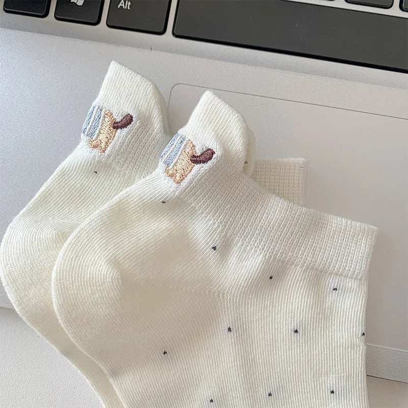 Spring Summer Thin Women Short Socks Polka Dots Cute Cartoon Sausage Dog Embroidery Boat Socks Pure Cotton Short Trendy Socks - Ice Cream Cake