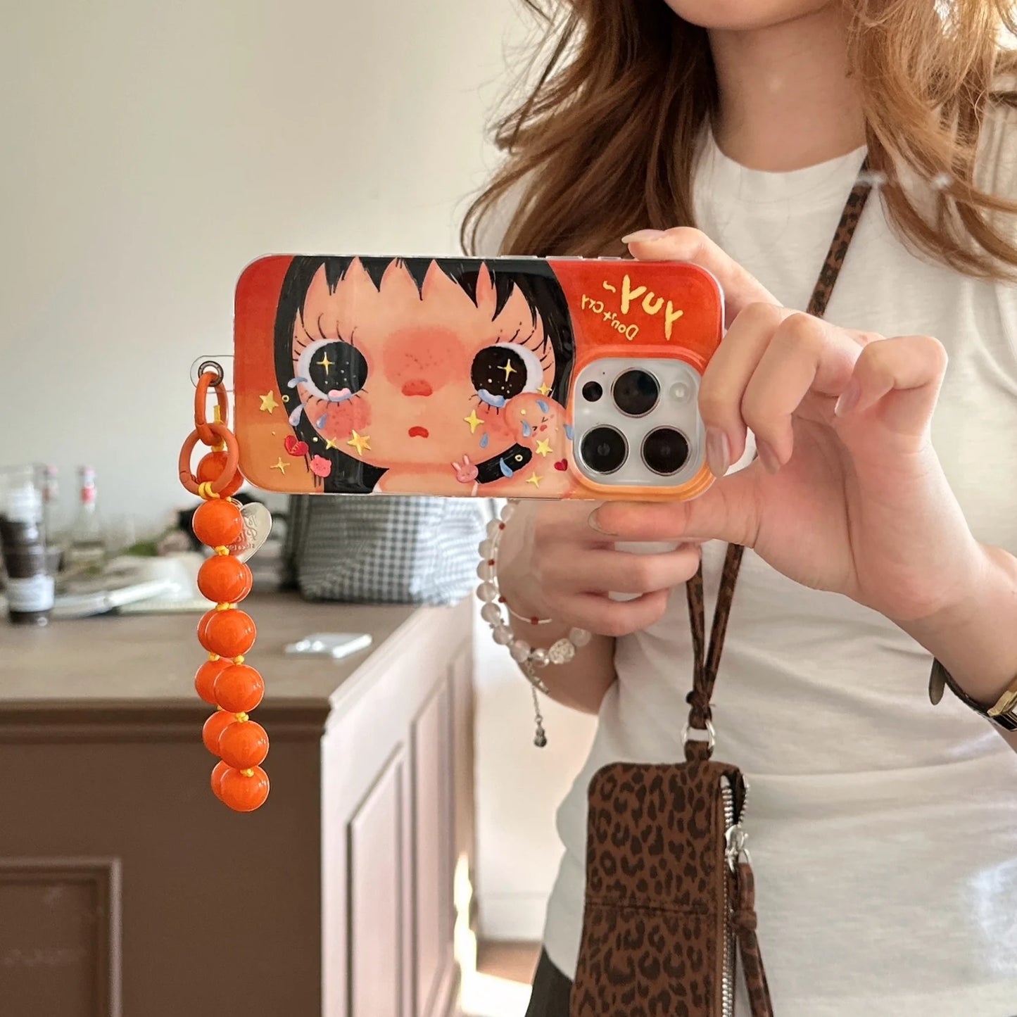 Cartoon Crying Girl iPhone Case With Beaded Wrist Strap