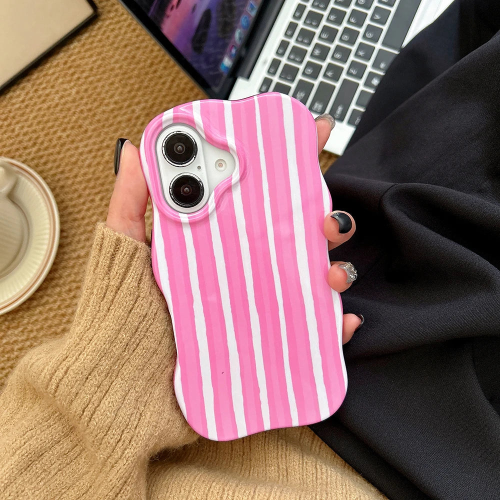 Luxury 2 in 1 Glossy Double Color Wave Stripes Case for IPhone 13 14 15 16 17 Pro Max 17Air Hit Color Collision Shockproof Cover - Ice Cream Cake