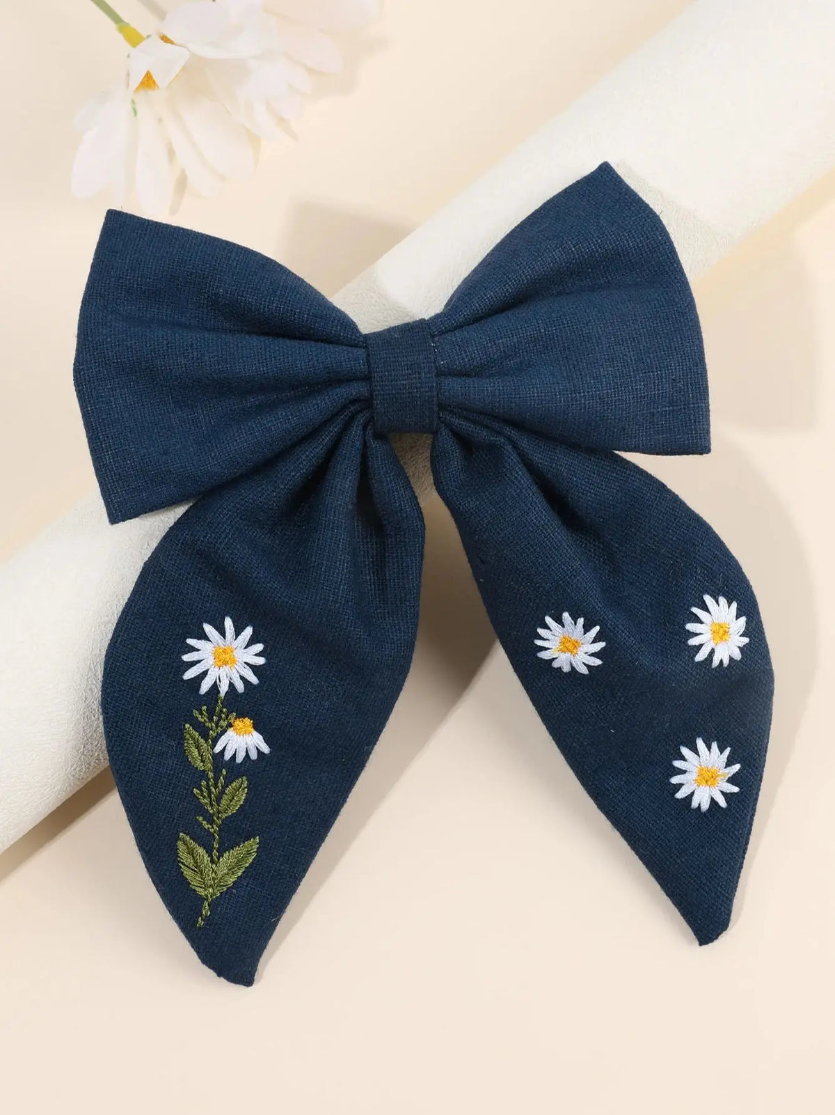 Daisy Embroidery Hair Ribbon Bow Clip