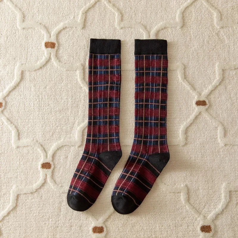 Plaid Long Socks Stocking Women Stockings Harajuku Retro Vintage JK School Girls Cotton Knee Socks Women Stockings College Style - Ice Cream Cake