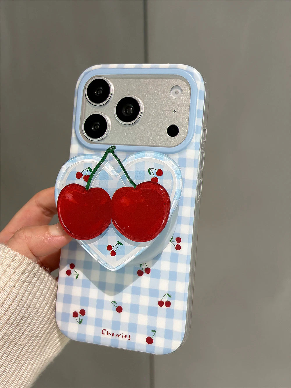 3D Cute Cherry Blue Grid Pattern Magnetic Grip Tok Phone Cases for iPhone 17pro 15 16 pro max Wireless Charge For Magsafe Cover - Ice Cream Cake