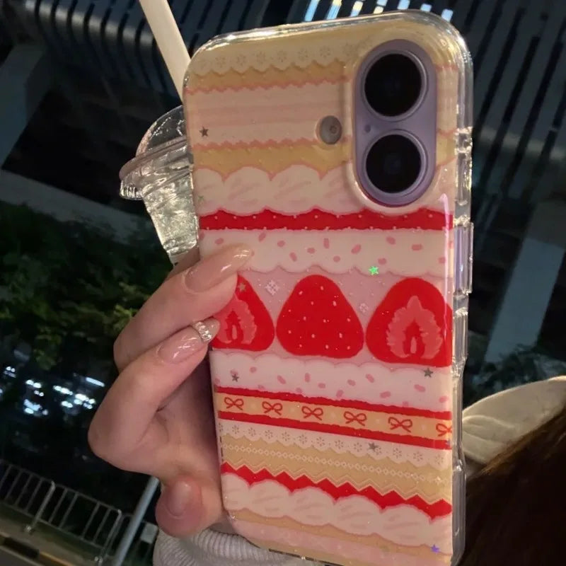Cream Strawberry Cake Lace Bowknot Phone Case For iPhone 17 16 15 14 13 12 11 Pro Max 16e 17 Air X XR XS Max 7 8 Plus Soft Cover - Ice Cream Cake