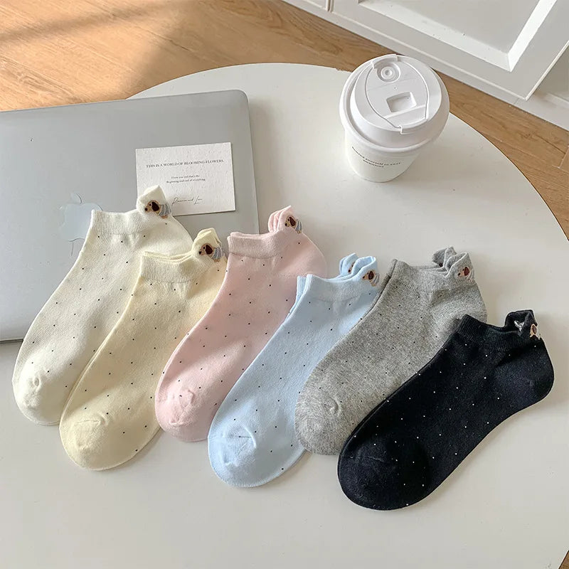 Spring Summer Thin Women Short Socks Polka Dots Cute Cartoon Sausage Dog Embroidery Boat Socks Pure Cotton Short Trendy Socks - Ice Cream Cake