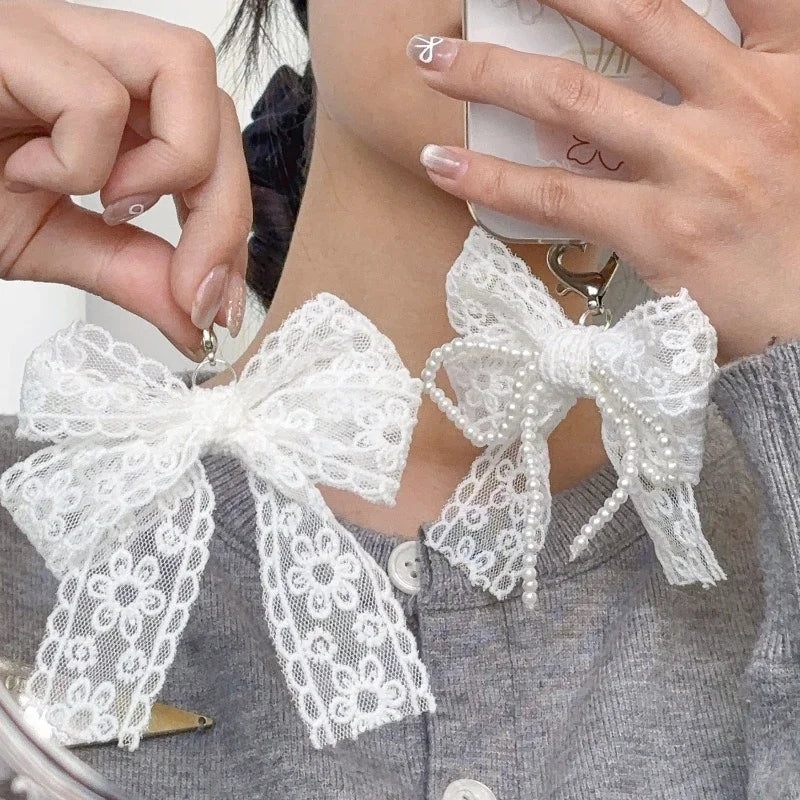 Lace and Faux Pearl Bow Clip-On Keychain Charm
