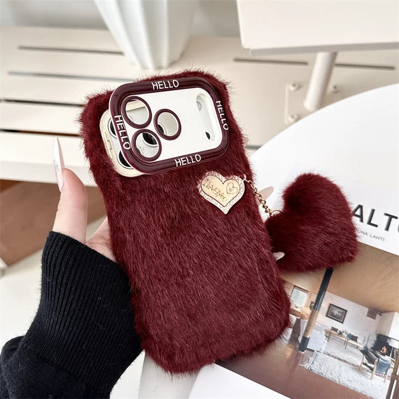 Faux Fur Fuzzy Heart Charm iPhone Case
