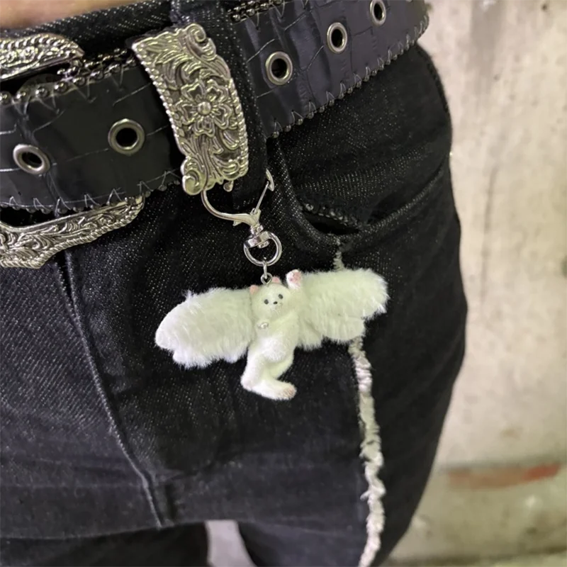 Flocked Angel Kitty Clip-On Keychain Charm