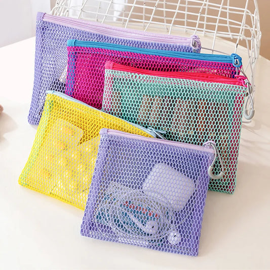 Double Zipper Mesh Storage Bag Ultra Light Wear-proof Visible Colored Double Layered Makeup Pouch Durable With Handle Coin Bag - Ice Cream Cake