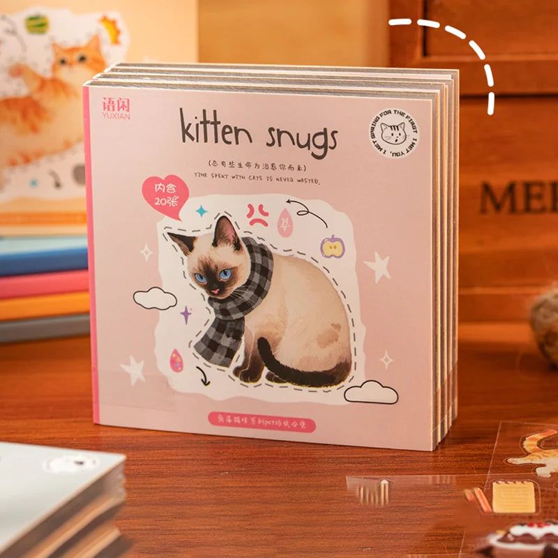 20pcs Corner Cats PET Square Sticker Book for Journal Scrapbooking Planner Decoration Waterproof Cute Animal Stickers, Mr. Paper - Ice Cream Cake