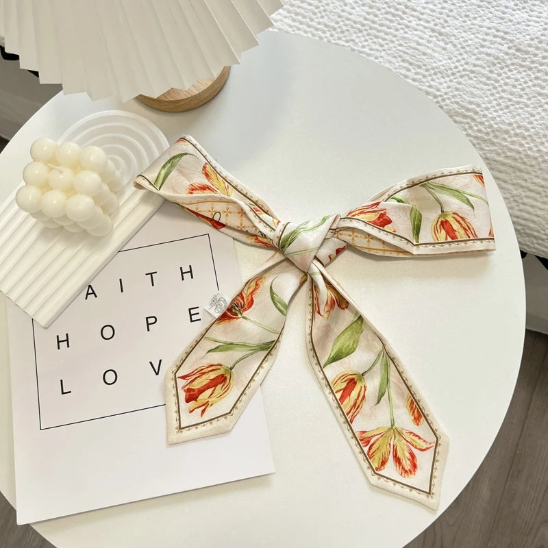High-Grade Flower Print Long Silk Scarf Hair Band Ribbon Tied-up Hair Long Bow Vintage Satin Ribbon Hair Accessories For Women - Ice Cream Cake