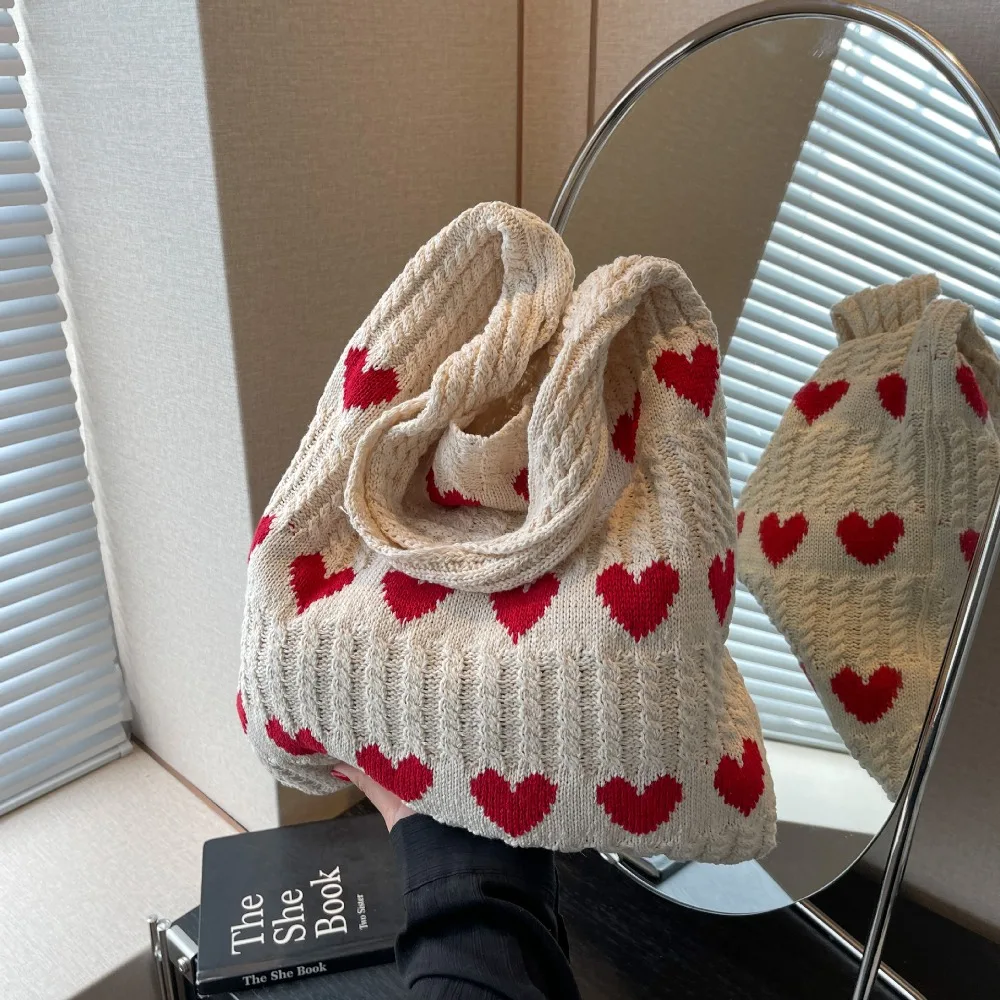 Retro Knitted Heart Tote Bag (4 Colours)