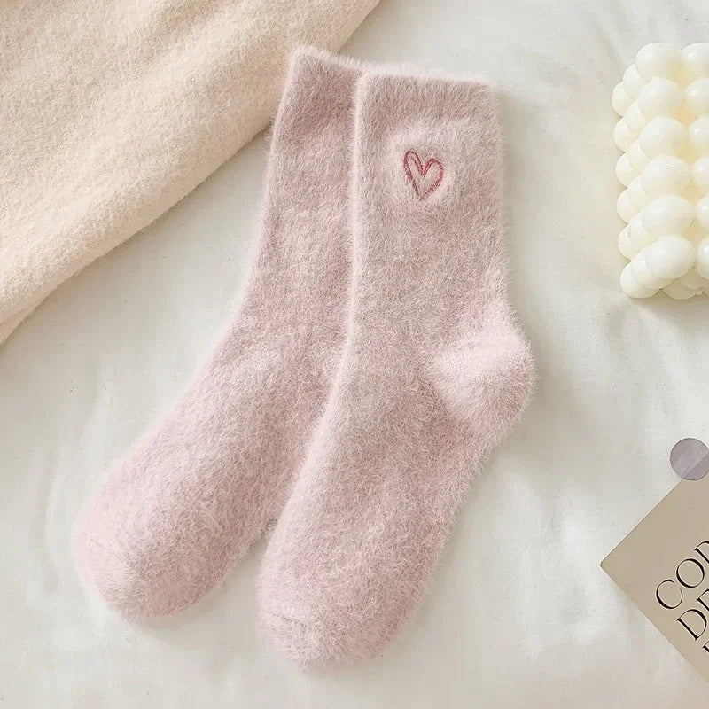 Fuzzy Heart Embroidery Crew Socks