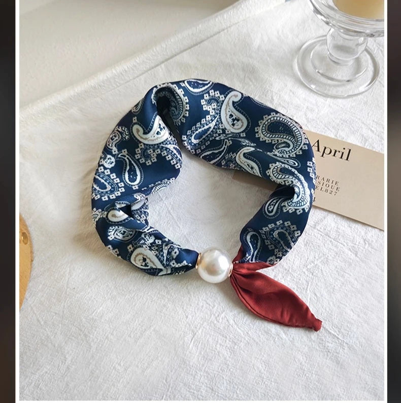Spring Summer Thin Pearl Silk Scarves Magnetic Buckle Lazy Scarf Women Girls Sweet Elegant Pendant Collarbone Chain Neck Scarf - Ice Cream Cake