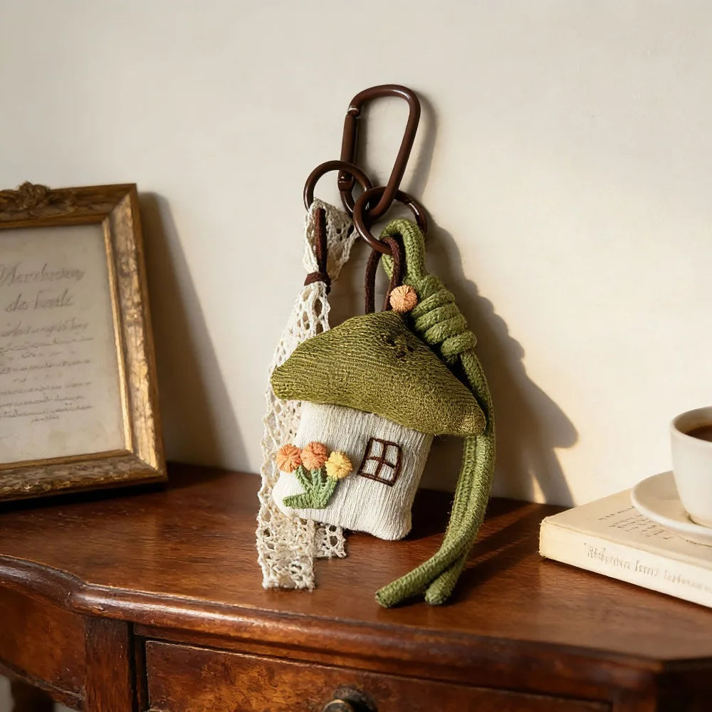 Knitted house-shaped keychain on a wooden surface with a framed picture and book in the background.