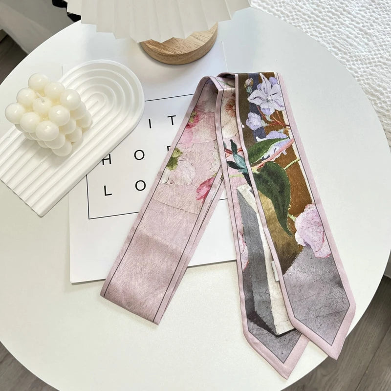 High-Grade Flower Print Long Silk Scarf Hair Band Ribbon Tied-up Hair Long Bow Vintage Satin Ribbon Hair Accessories For Women - Ice Cream Cake