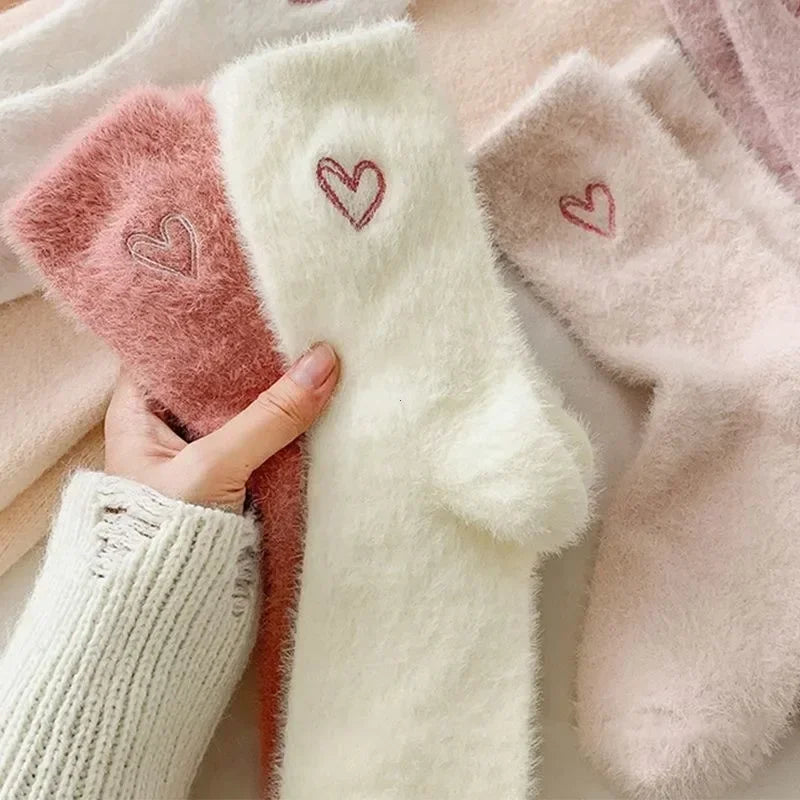 Fuzzy Heart Embroidery Crew Socks