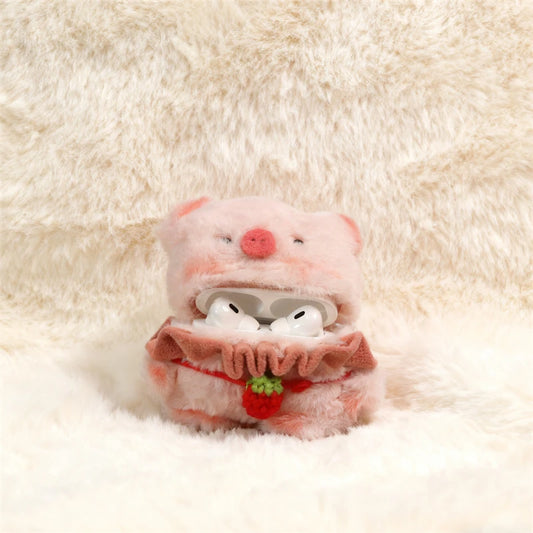 Pink cartoon-style case with a strawberry design on a fluffy white background