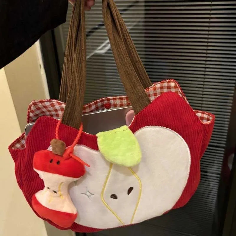 Red Apple Handbag Creative Cute Corduroy Shoulder Bag Stylish Outing Canvas Bag With Apple Pendant Casual Versatile Shoulder Bag - Ice Cream Cake