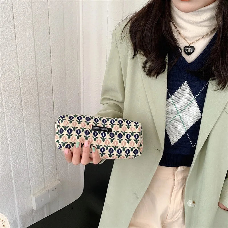 Corduroy Floral Travel Cosmetic Lipstick Purse Storage Bag Kawaii Women Makeup Handbags Organizer Wallet Pouch Pencil Case Bags - Ice Cream Cake