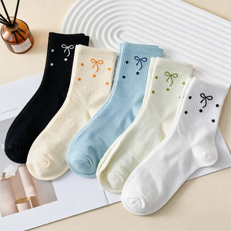 5 pairs Women Cute Polka Dot Bowknot Crew Socks Sweet Kawaii Japanese Style Cotton Mid Calf Socks Girls Casual Breathable - Ice Cream Cake