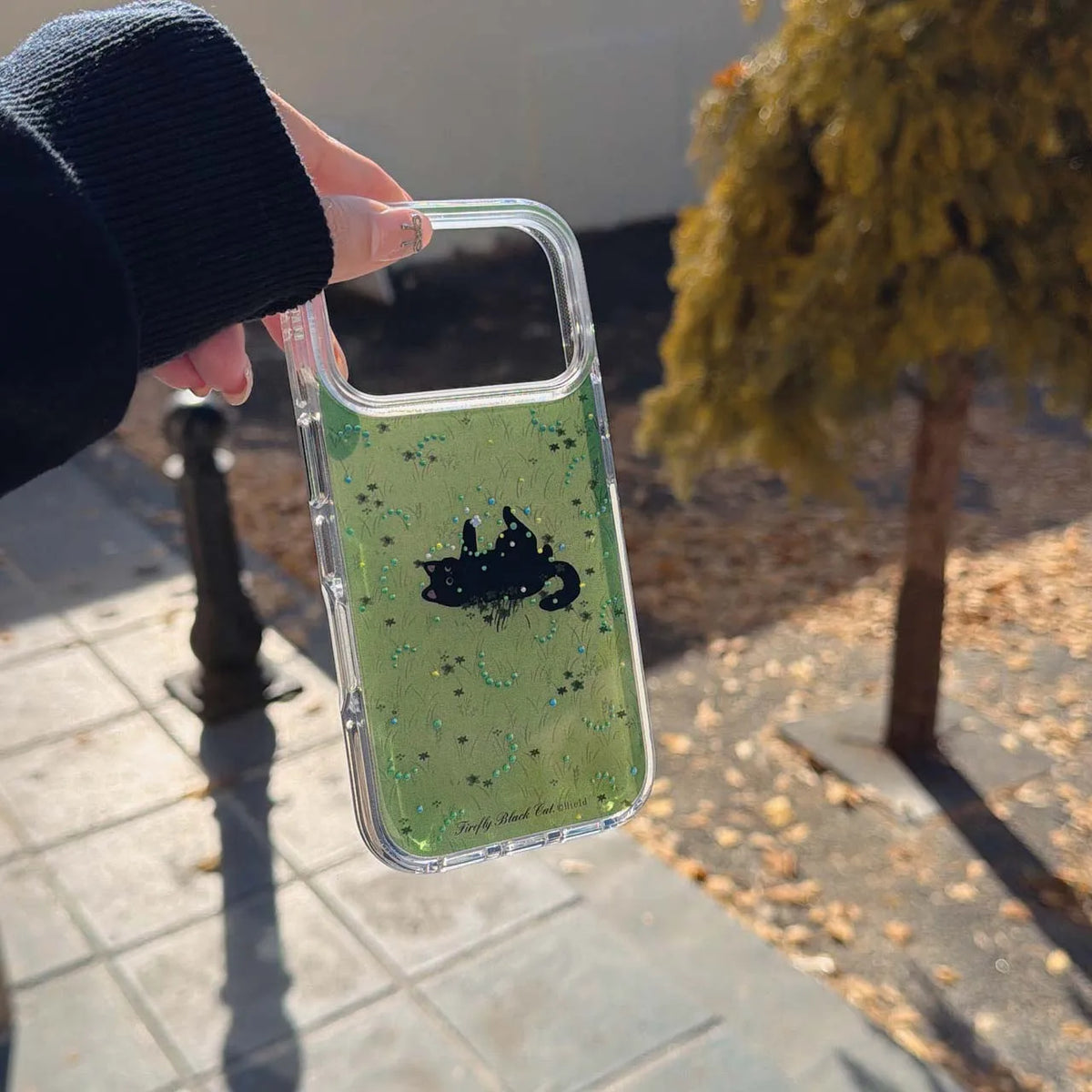 Grassy Glitter Black Cat iPhone Case