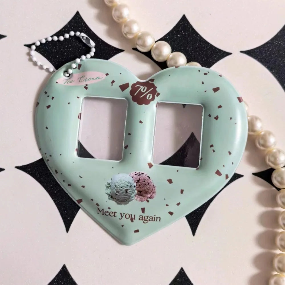 Creative Love Heart Photocard Holder 1 inch with Keychain Idol Photo Protective Cover Cute Colorful Card Holder for Girls - Ice Cream Cake