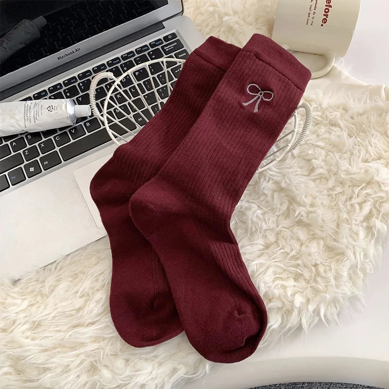 1/5pairs Cotton Ruffles Ankle Socks Women Retro Cute Kawaii Korean Stocking Girls  2024 Autumn and Winter Red Middle Tube Sox - Ice Cream Cake