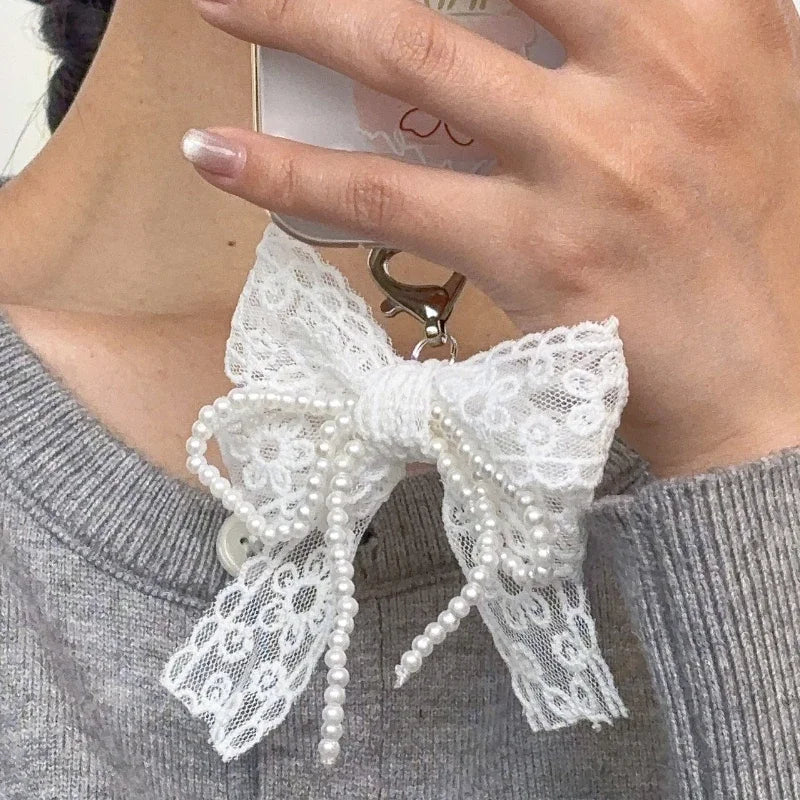 Lace and Faux Pearl Bow Clip-On Keychain Charm