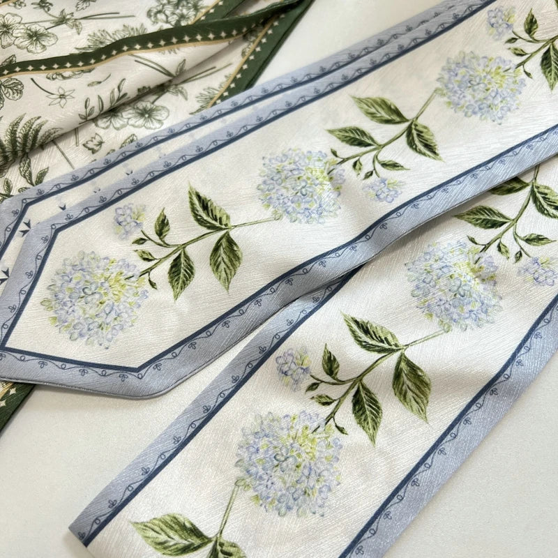 High-Grade Flower Print Long Silk Scarf Hair Band Ribbon Tied-up Hair Long Bow Vintage Satin Ribbon Hair Accessories For Women - Ice Cream Cake