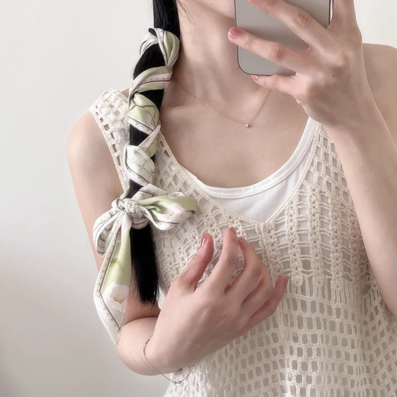 New Long Bag Scarf Women Hair Band Lady Accessories Print Skinny Scarves Headband Satin Ribbon Neck Tie Decorative Bag Scarves - Ice Cream Cake