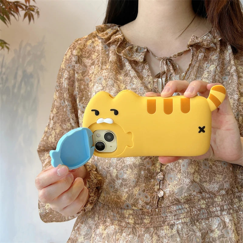 3D Cute Cat Eat Fish Silicone Phone Case For iPhone 17ProMax 17 16 15 14 13 12 Pro Max Funny Cartoon Camera Protection Cover - Ice Cream Cake